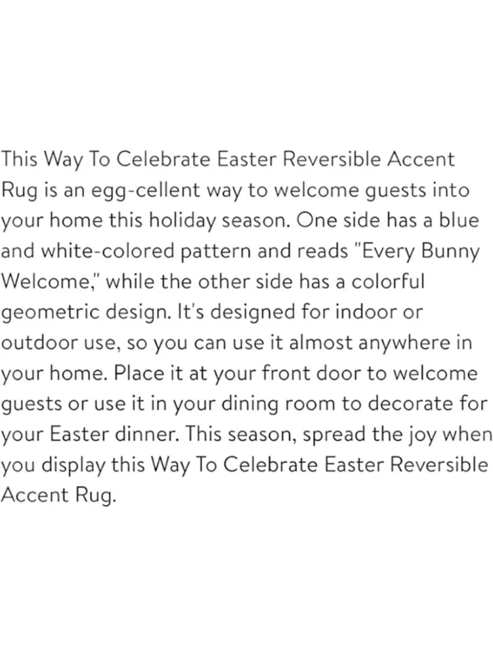 Reversible Rug Accent Welcome Plaid Easter Spring Bunny Rabbit Way To Celebrate